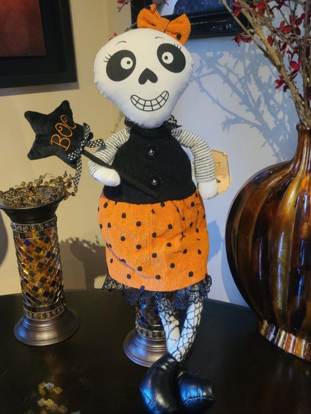 Primitive Vintage Style Skeleton Girl Shelf Sitter Halloween Day Of Dead Decor